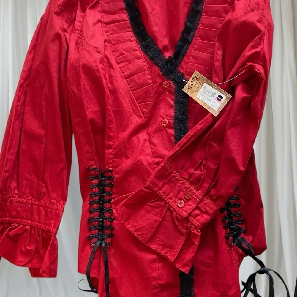 SCULLY Shirt Corset NWT Blouse Marion Ruffle Button Up Stretch Red Black Size M - Picture 8 of 14